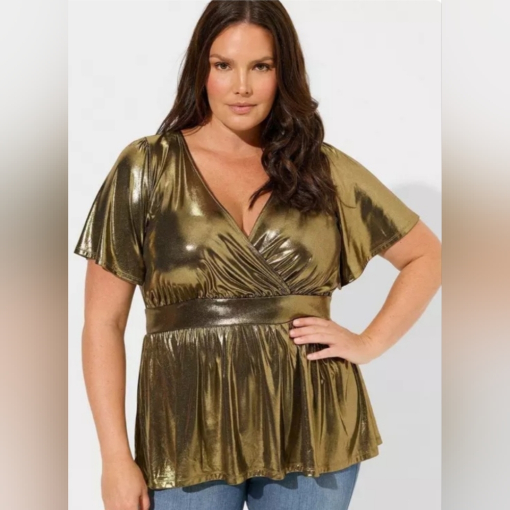 Torrid Liquid Shine Top Gold Surplice Peplum Party Club Size 2 2X Formal Evenin